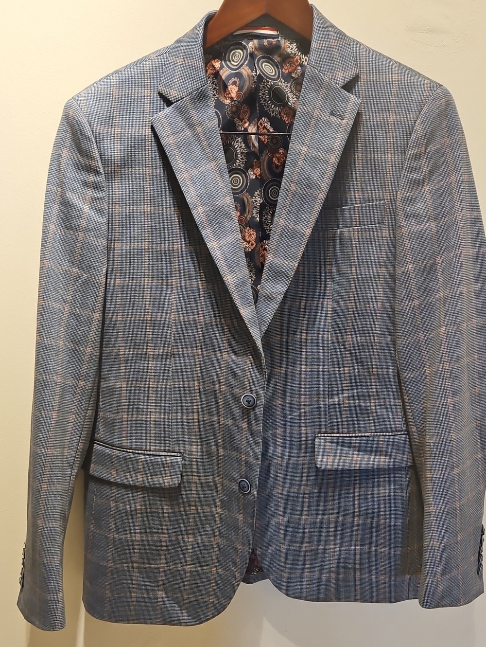 Men's Blue Plaid Windowpane Sport Coat with Tan Accents